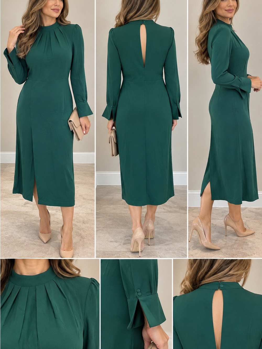 H&M Forest Green Long Sleeve Midi Dress